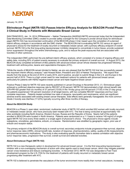 Etirinotecan Pegol (NKTR-102) Passes Interim Efficacy Analysis for BEACON Pivotal Phase 3 Clinical Study in Patients with Metastatic Breast Cancer