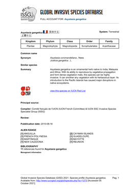 FULL ACCOUNT FOR: Asystasia Gangetica Global Invasive Species Database (GISD) 2021. Species Profile Asystasia Gangetica. Availab