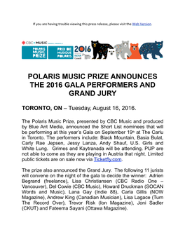 Polaris Music Prize Announces the 2016 Gala Performers and Grand Jury