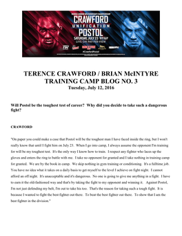 TERENCE CRAWFORD / BRIAN Mcintyre TRAINING CAMP BLOG NO