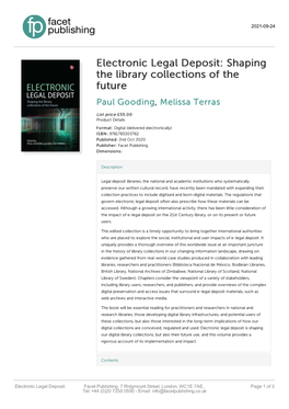 Electronic Legal Deposit: Shaping the Library Collections of the Future Paul Gooding, Melissa Terras