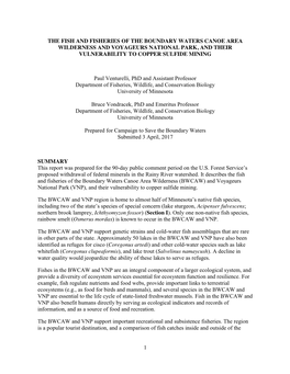 The Fish and Fisheries of the Boundary Waters Canoe Area Wilderness and Voyageurs National Park, and Their Vulnerability to Copper Sulfide Mining