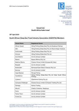 Vessel List South Africa Hake Trawl