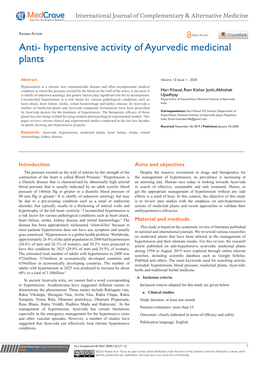 Anti- Hypertensive Activity of Ayurvedic Medicinal Plants