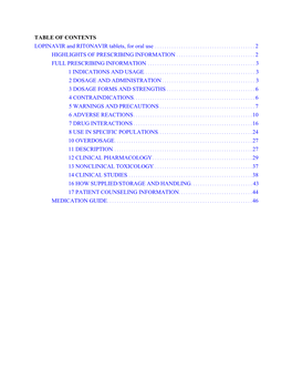 TABLE of CONTENTS LOPINAVIR and RITONAVIR Tablets, for Oral Use