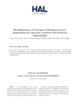Menispermaceae): Implications for Character Evolution and Historical Biogeography Lian Lian, Rosa Del C