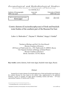 Centric Diatoms (Coscinodiscophyceae) of Fresh and Brackish Water Bodies of the Southern Part of the Russian Far East