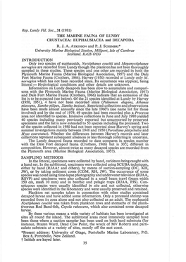 Rep. Lundy Fld. Soc., 31 (1981) the MARINE FAUNA of LUNDY CRUSTACEA: EUPHAUSIACEA and DECAPODA R