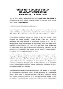UNIVERSITY COLLEGE DUBLIN HONORARY CONFERRING Bloomsday, 16 June 2014
