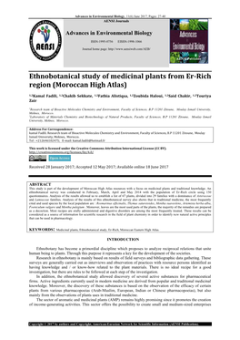 Ethnobotanical Study of Medicinal Plants from Er-Rich Region (Moroccan High Atlas)