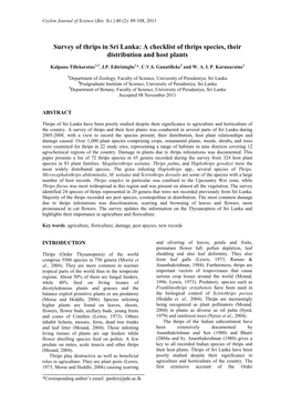 Survey of Thrips in Sri Lanka: a Checklist of Thrips Species, Their Distribution and Host Plants