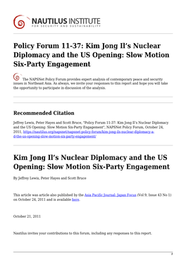 Kim Jong Il's Nuclear Diplomacy and the US