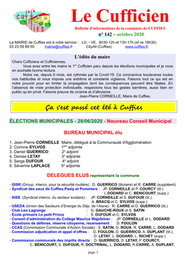 Le Cufficien Bulletin D'informations De La Commune De CUFFIES N° 142 – Octobre 2020 La MAIRIE De Cuffies Est À Votre Service : LU