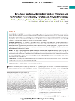 Entorhinal Cortex: Antemortem Cortical Thickness and Postmortem Neuroﬁbrillary Tangles and Amyloid Pathology