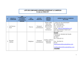 LISTE DES COMPAGNIES AERIENNES DESSERVANT LE CAMEROUN En Date Du 29 MAI 2017