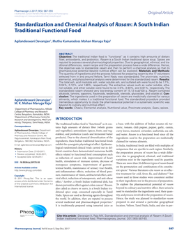 Standardization and Chemical Analysis of Rasam: a South Indian Traditional Functional Food