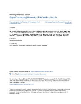 WARFARIN RESISTANCE of Rattus Tiomanicus in OIL PALMS in MALAYSIA and the ASSOCIATED INCREASE of Rattus Diardii