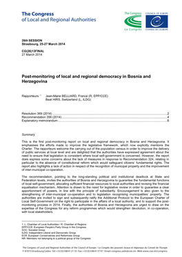 Post-Monitoring of Local and Regional Democracy in Bosnia and Herzegovina