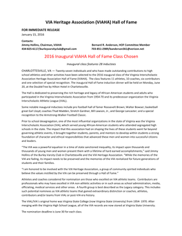 VIAHA) Hall of Fame for IMMEDIATE RELEASE January 15, 2016
