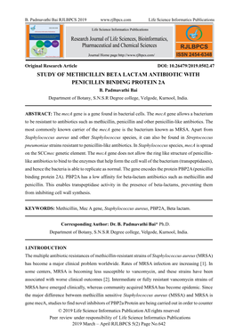 Study of Methicillin Beta Lactam Antibiotic with Penicillin Binding Protein 2A B