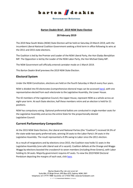 Barton Deakin Brief: 2019 NSW State Election 28 February 2019