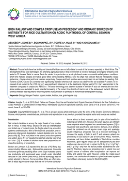 Bush Fallow and Cowpea Crop Use As Precedent and Organic Sources of Nutrients for Rice Cultivation on Acidic Plinthosol of Central Benin in West Africa