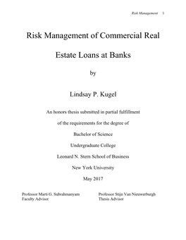 Risk Management of Commercial Real Estate Loans at Banks