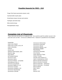 Complete List of Chemicals These Chemicals Are Stored in an Adjacent Area