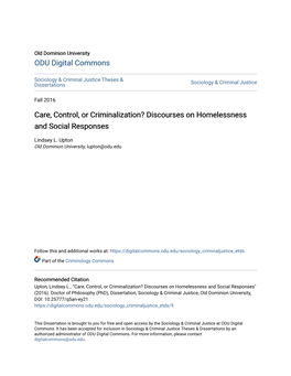 Care, Control, Or Criminalization? Discourses on Homelessness and Social Responses