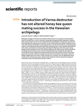 Introduction of Varroa Destructor Has Not Altered Honey Bee Queen Mating Success in the Hawaiian Archipelago Lauren M