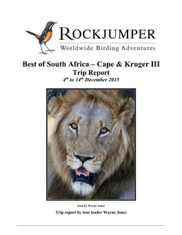 South Africa – Cape & Kruger III Trip Report 4Th to 14Th December 2015