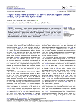 Complete Mitochondrial Genome of the Acrobat Ant Crematogaster Teranishii Santschi, 1930 (Formicidae; Hymenoptera)