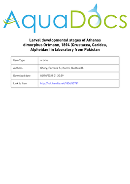 Larval Developmental Stages of Athanas Dimorphus Ortmann, 1894 (Crustacea, Caridea, Alpheidae) in Laboratory from Pakistan