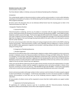 Barbados (Country Code +1 246) Communication of 16.VII.2015: the Prime Minister's Office, St. Michael, Announces the National Numbering Plan of Barbados