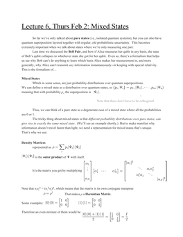 Lecture 6, Thurs Feb 2: Mixed States