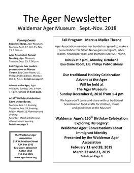 The Ager Newsletter Waldemar Ager Museum Sept.-Nov