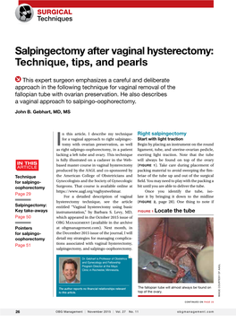 Salpingectomy After Vaginal Hysterectomy: Technique, Tips, and Pearls