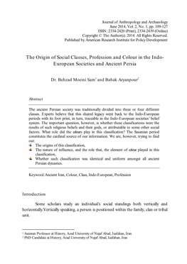 The Origin of Social Classes, Profession and Colour in the Indo- European Societies and Ancient Persia