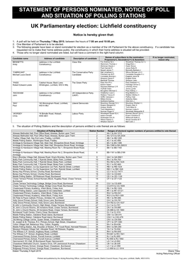 STATEMENT of PERSONS NOMINATED, NOTICE of POLL and SITUATION of POLLING STATIONS UK Parliamentary Election: Lichfield Constituen