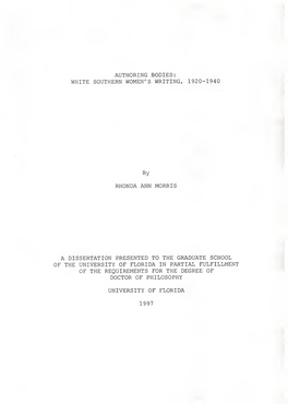 Authoring Bodies: White Southern Women's Writing, 1920-1940