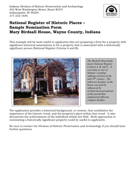 Sample Nomination Form Mary Birdsall House, Wayne County, Indiana