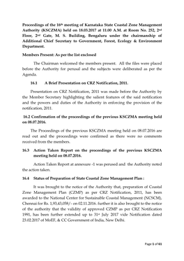 Proceedings of the 16Th Meeting of Karnataka State Coastal Zone