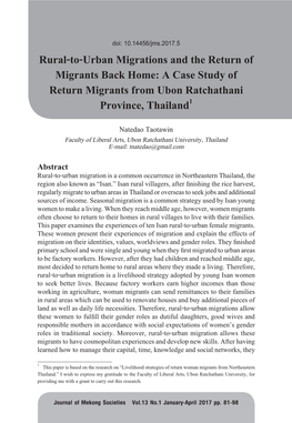 A Case Study of Return Migrants from Ubon Ratchathani Province