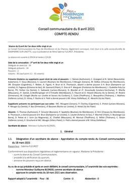 Conseil Communautaire Du 8 Avril 2021 COMPTE-RENDU