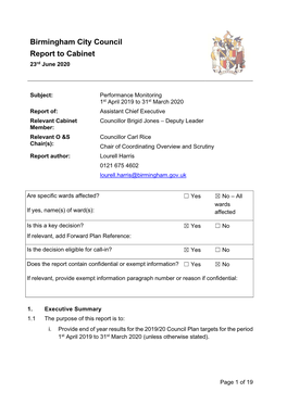 Birmingham City Council Report to Cabinet 23Rd June 2020