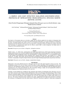 A Simple and Cost Effective Isolation and Purification Protocol of Mitragynine from Mitragyna Speciosa Korth (Ketum) Leaves