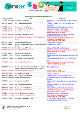 Farmacia De Guardia Telde - 09/2021 Día De La Semana Titular Dirección 1/09/2021 Miércoles D