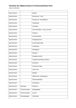 Standorte Der Altglascontainer Im Schwarzwald‐Baar‐Kreis Stand: 14.04.2021