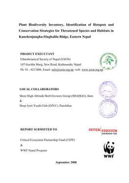 Plant Biodiversity Inventory, Identification of Hotspots and Conservation Strategies for Threatened Species and Habitats in Kanc