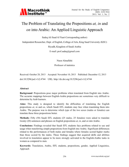 The Problem of Translating the Prepositions At, in and on Into Arabic: an Applied Linguistic Approach